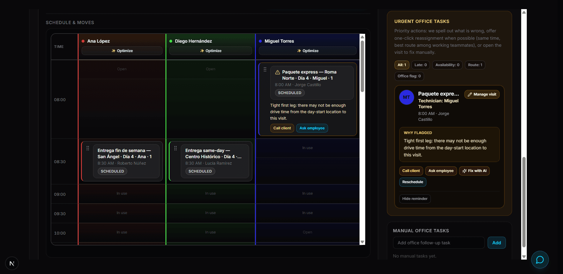 Slot suggestion cards with travel distance, badges, and technician availability