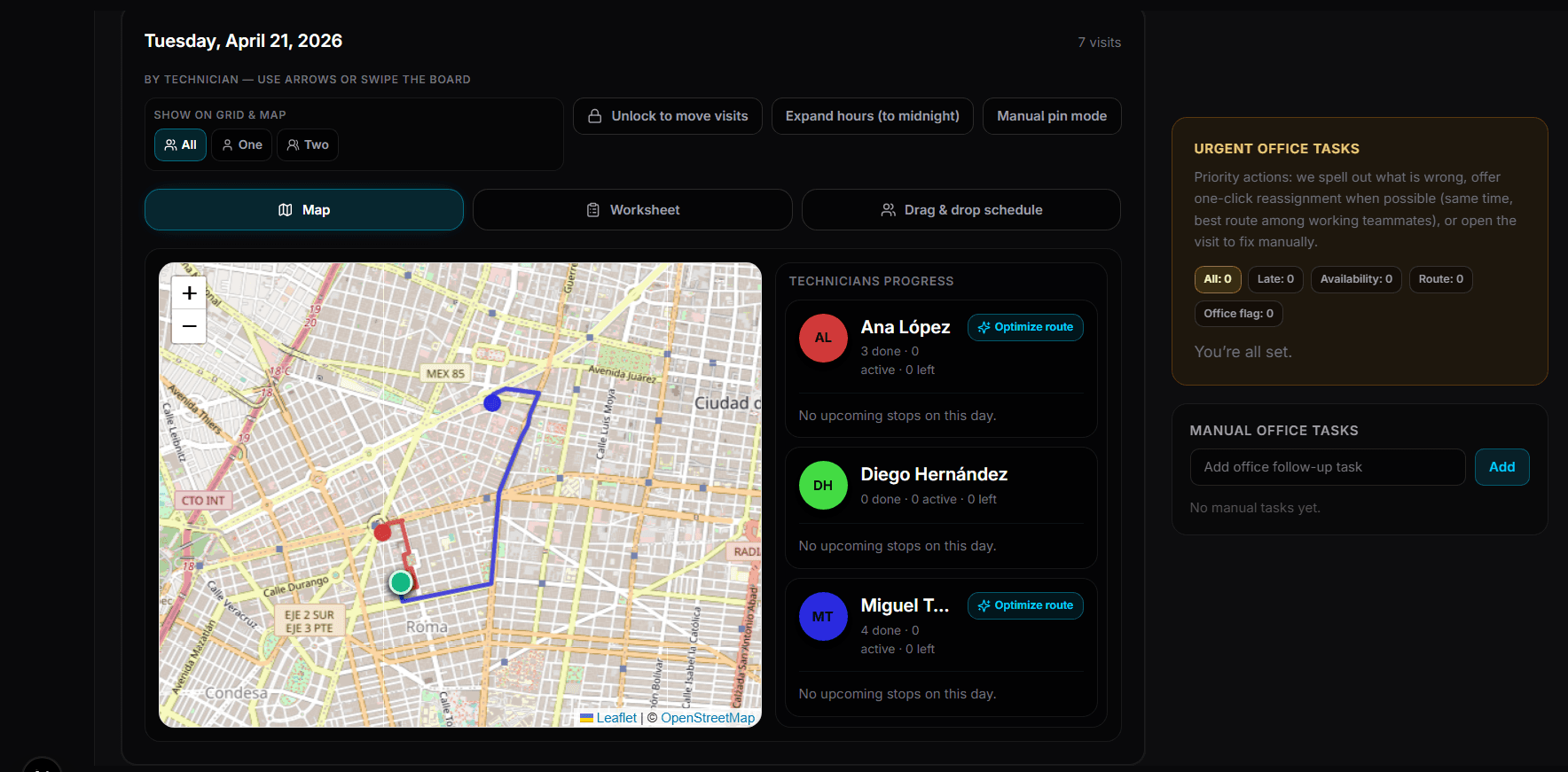 Live dispatch map with full-day technician routes and color-coded job pins